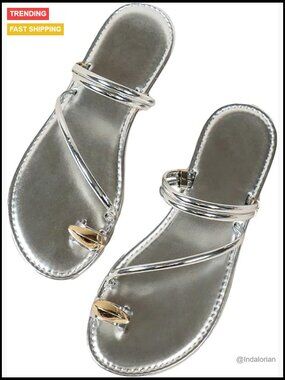 PU Leather Metallic Open Toe Ring Sandals Strappy Flat Sandals